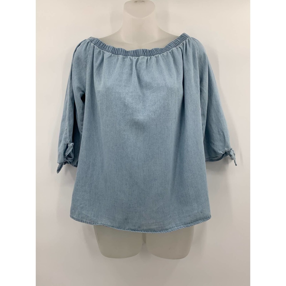 Endless Love Medium Chambray Top Blue Off Shoulder Stretchy Tie Half Sleeves